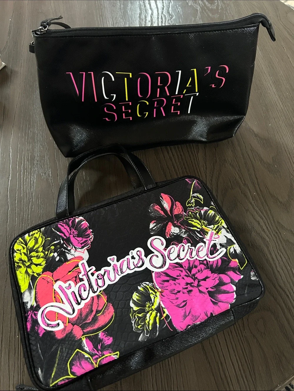 Victoria's Secret Black Cosmetic & Floral Travel Pouch Set